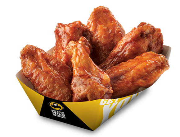 A basket of traditional bone-in chicken wings spun in BBQ sauce from Buffalo Wild Wings.