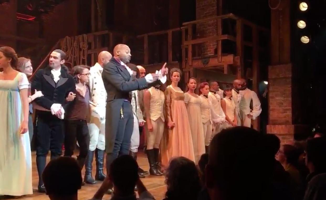 "Hamilton" had a special curtain call for Vice President-elect Mike Pence. (Photo: Hamilton Musical / Twitter)