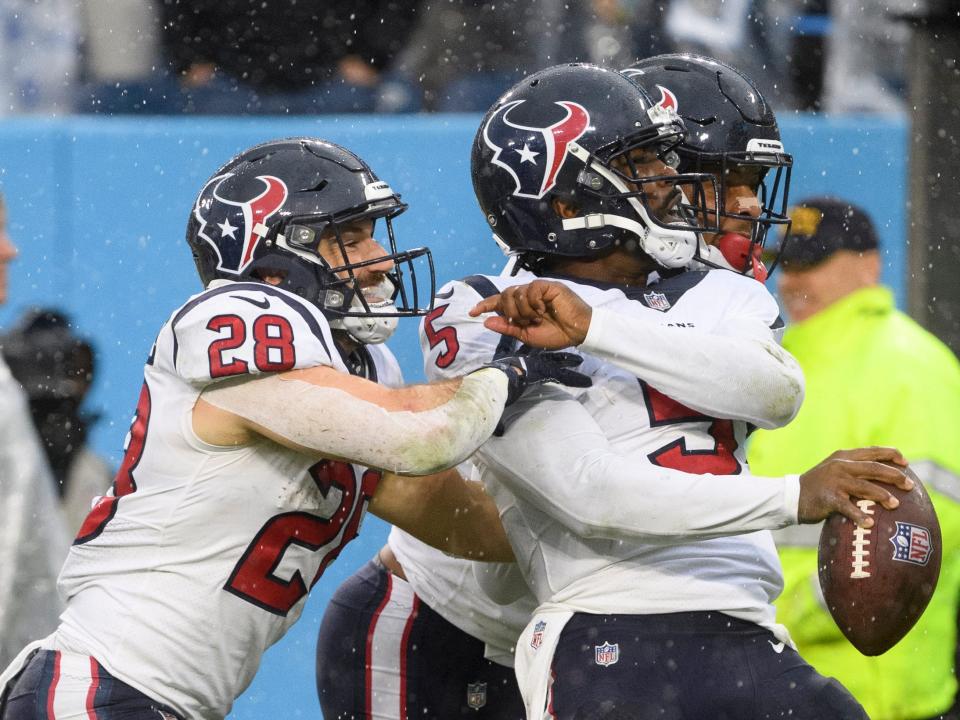 Tyrod Taylor celebrates a touchdown against the Tennessee Titans.