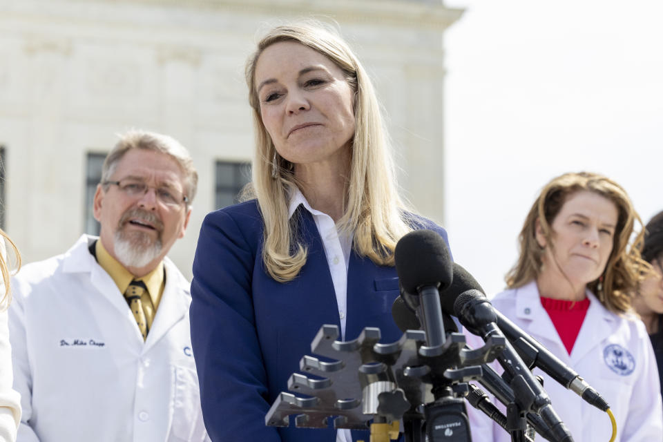 Alliance Defending Freedom Senior Counsel Erin Hawley, speaks during a press conference outside the Supreme Court after the Court heard oral arguments, Tuesday, March 26, 2024, in Washington. The Supreme Court heard arguments in its first abortion case since conservative justices overturned the constitutional right to an abortion two years ago. At stake in Tuesday's arguments is the ease of access to a medication used last year in nearly two-thirds of U.S. abortions. (AP Photo/Amanda Andrade-Rhoades)