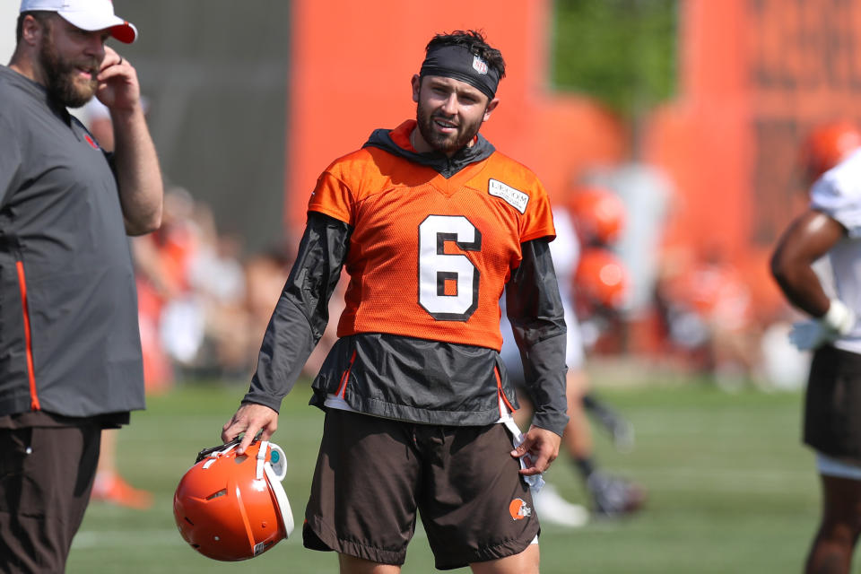 BEREA, OH - JULY 25: Cleveland Browns quarterback Baker Mayfield (6) during drills during the Cleveland Browns Training Camp on July 25, 2019, at the at the Cleveland Browns Training Facility in Berea, Ohio. (Photo by Frank Jansky/Icon Sportswire via Getty Images)