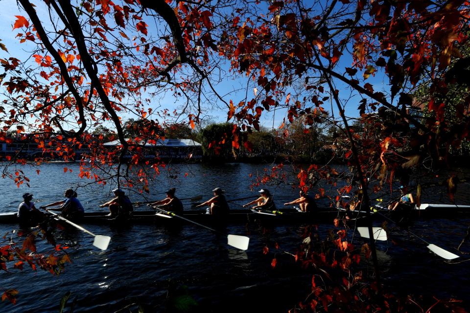 BOSTON, MA - OCTOBER 21: The University of Notre Dame Women's Alumni Eights team makes their way to the starting line during the Head of the Charles Regatta on October 21, 2017 in Boston, Massachusetts. (Photo by Maddie Meyer/Getty Images)