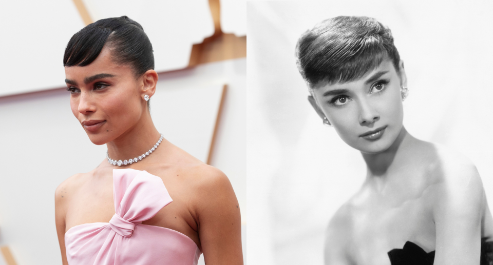 Zoë Kravitz at the 2022 Academy Awards and a 1953 publicity handout of Audrey Hepburn (Photos via Getty)
