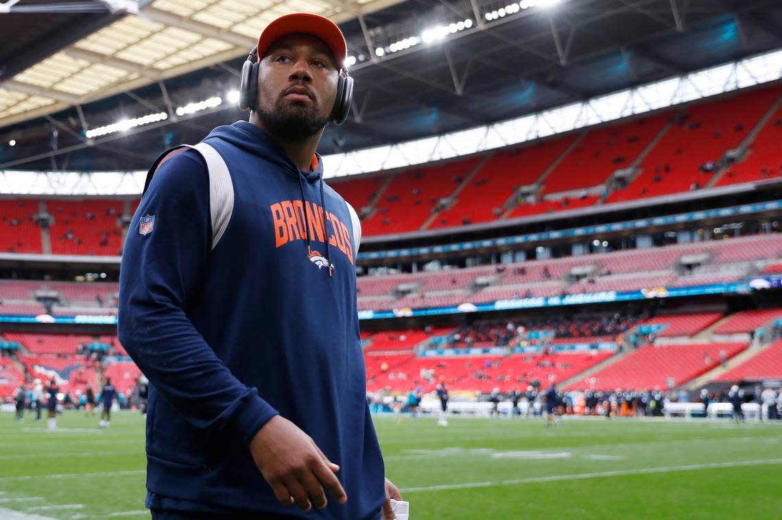 Denver Broncos linebacker Bradley Chubb (55) warms up before an NFL football game against the Jacksonville Jaguars at Wembley Stadium in London, Sunday, Oct. 30, 2022. The Denver Broncos defeated the Jacksonville Jaguars 21-17. (AP Photo/Steve Luciano)