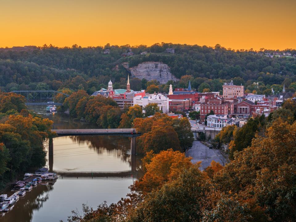 Skyline of Frankfort, Kentucky, across a river during sundown