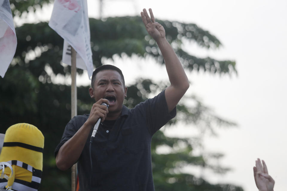 Jatupat Boonpattararaksa, a pro-democracy leader, delivers a speech outside remand prison, in which some of the activists are kept, in Bangkok, Thailand, Friday, Oct. 23, 2020. Thailand's government on Thursday canceled a state of emergency it had declared last week for Bangkok in a gesture offered by the embattled prime minister to cool student-led protests seeking democracy reforms. (AP Photo/Sakchai Lalit)