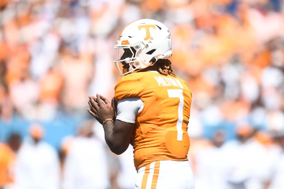 Tennessee quarterback <a class="link " href="https://sports.yahoo.com/ncaaf/players/287922" data-i13n="sec:content-canvas;subsec:anchor_text;elm:context_link" data-ylk="slk:Joe Milton III;sec:content-canvas;subsec:anchor_text;elm:context_link;itc:0">Joe Milton III</a> (7) calls a play during a game between Tennessee and <a class="link " href="https://sports.yahoo.com/ncaaf/teams/virginia/" data-i13n="sec:content-canvas;subsec:anchor_text;elm:context_link" data-ylk="slk:Virginia;sec:content-canvas;subsec:anchor_text;elm:context_link;itc:0">Virginia</a> in Nissan Stadium in Nashville, Tenn., Saturday, Sept. 2, 2023. Tennessee defeated Virginia 49-13.