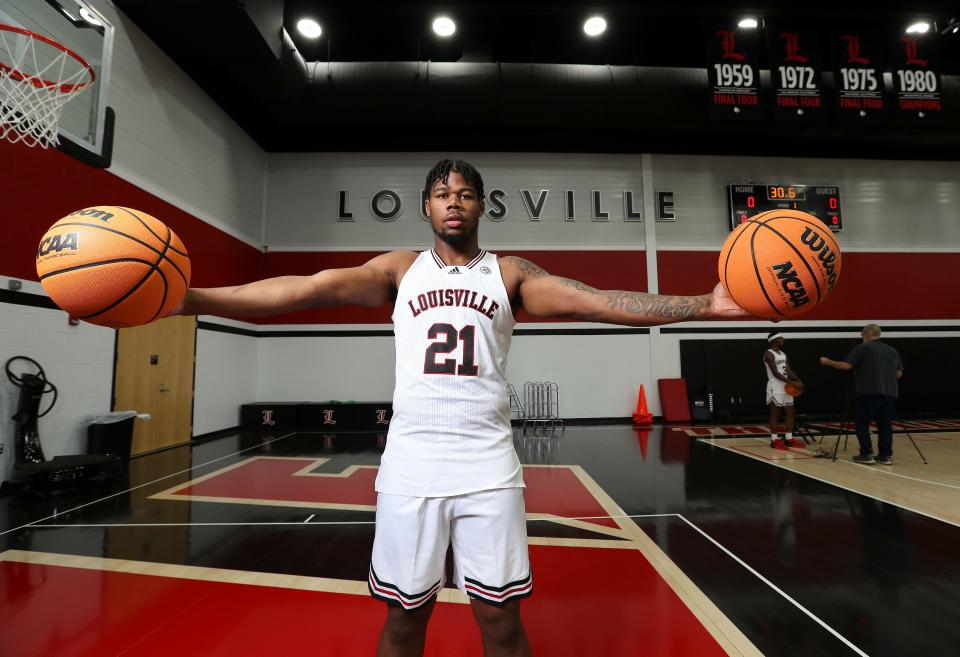 The 2022-23 U of L basketball co-captain Sydney Curry (21) on media day at the Kueber Center practice facility in Louisville, Ky. on Oct. 20, 2022.