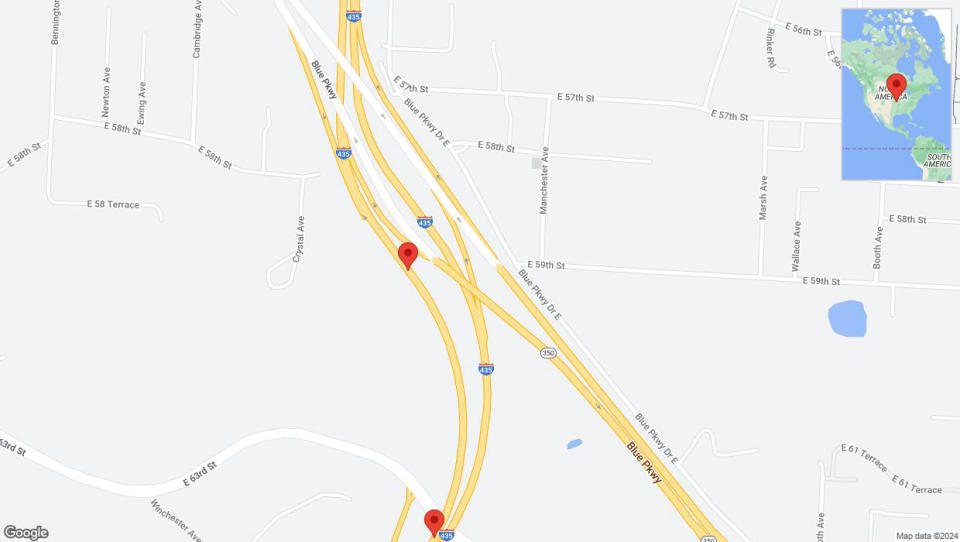 A detailed map that shows the affected road due to 'Broken down vehicle on southbound I-435 in Kansas City' on July 15th at 4:33 p.m.