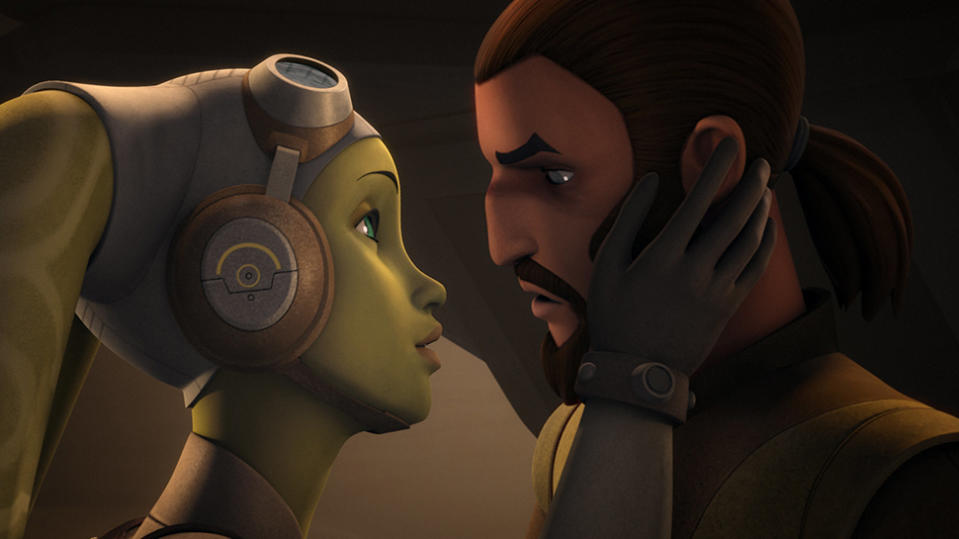 Kanan Jarrus and HEra Syndulla lean in for a kiss on Star Wars Rebels