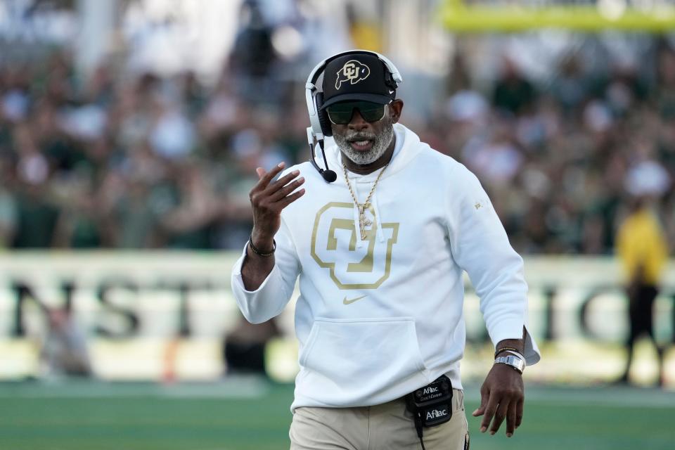 Sep 14, 2024; Fort Collins, Colorado, USA; Colorado Buffaloes head coach Deion Sanders on the sidelines in the first quarter at Sonny Lubick Field at Canvas Stadium.