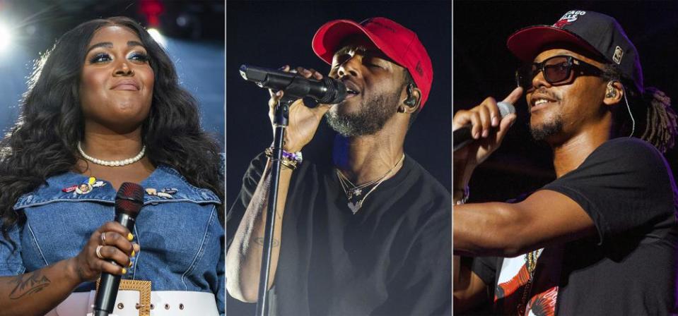 Brittney Spencer performs during CMA Fest 2022 in Nashville on June 9, 2022, left, 6lack performs at the Coachella Music & Arts Festival in Indio, Calif., on April 22, 2018, center, and Lupe Fiasco performs at the Harley-Davidson 110th Anniversary celebration in Milwaukee, Wis., on Aug. 29, 2013. (AP Photo)