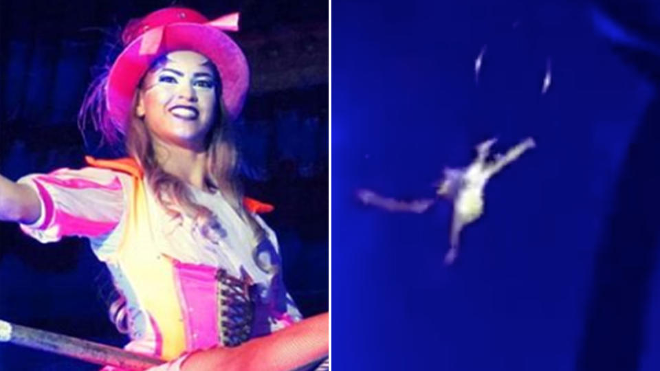 Circusrio performer Gabrielle Souza (left) suffered multiple injuries after falling almost nine metres during her act in Adelaide's Glenelg. On the right is a still of a video showing her fall.