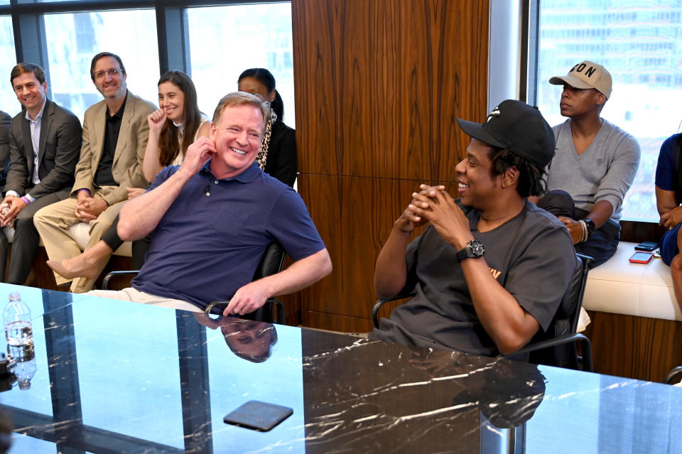 NFL Commissioner Roger Goodell and Jay Z at the Roc Nation and NFL Partnership Announcement at Roc Nation on August 14, 2019 in New York City