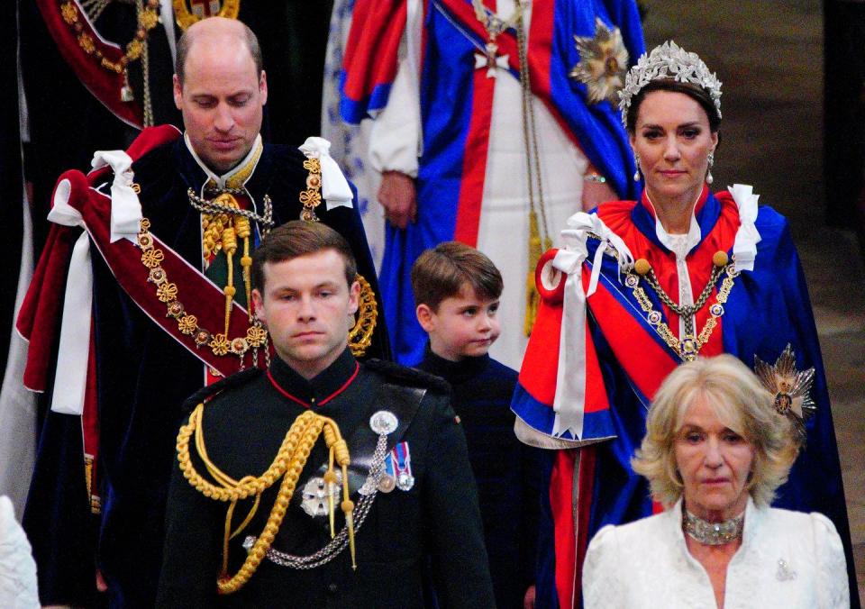 london, england may 06 prince william, prince of wales, prince louis and the catharine, princess of wales leave westminster abbey in central london, following king charles iiis coronation ceremony on may 6, 2023 in london, england the coronation of charles iii and his wife, camilla, as king and queen of the united kingdom of great britain and northern ireland, and the other commonwealth realms takes place at westminster abbey today charles acceded to the throne on 8 september 2022, upon the death of his mother, elizabeth ii photo by ben birchall wpa poolgetty images