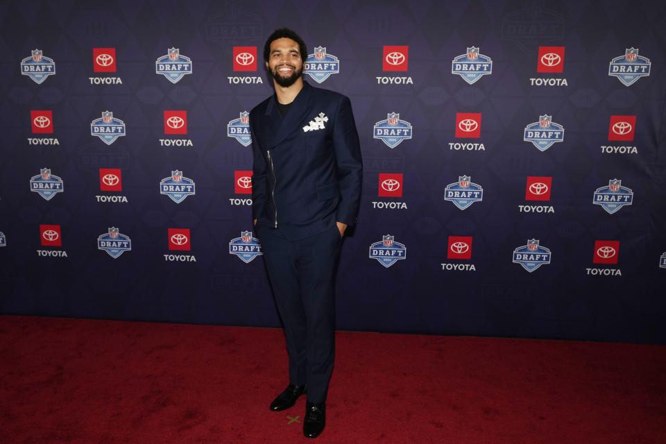 Southern California quarterback Caleb Williams poses on the red carpet ahead of the first round of the NFL football draft, Thursday, April 25, 2024, in Detroit. (AP Photo/Carlos Osorio)