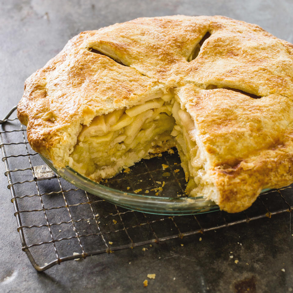 This undated photo provided by America's Test Kitchen in September 2018 shows a deep dish apple pie in Brookline, Mass. This recipe appears in the cookbook “All-Time Best Holiday Entertaining.” (Carl Tremblay/America's Test Kitchen via AP)