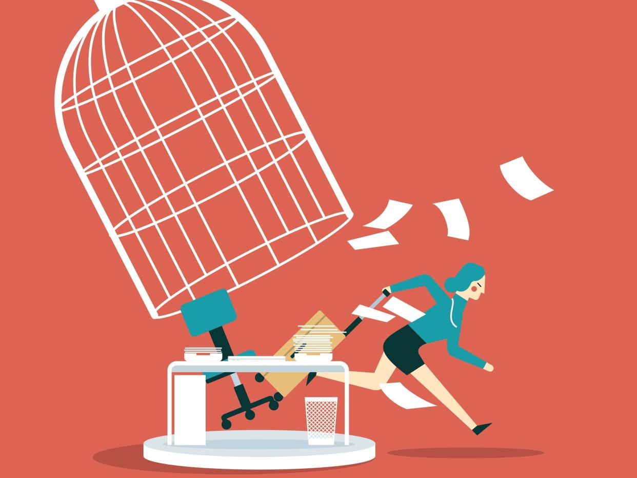 A cartoon image of a female worker running away from a desk to escape a cage falling on her.