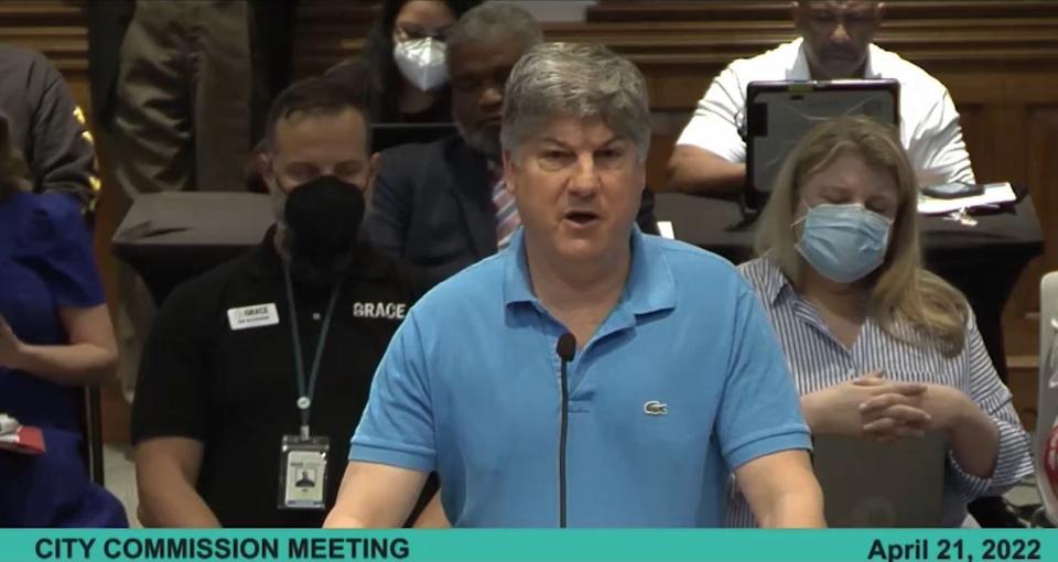 Nathan Skop speaks to the Gainesville City Commission on April 21, 2022 about nonprofit funding. The frequent outspoken local attorney has filed to run for a county circuit judge seat.