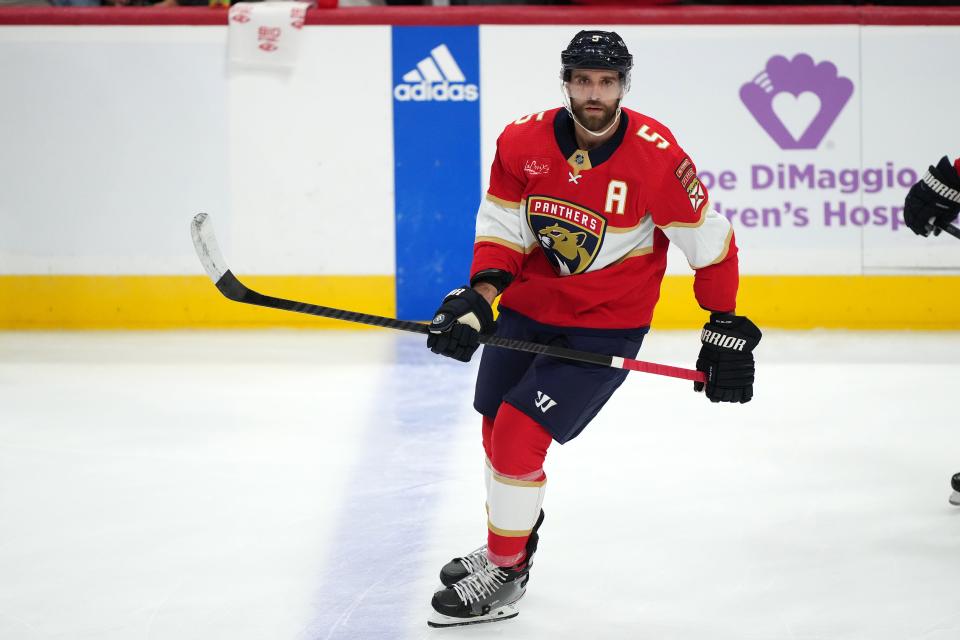 Nov 20, 2023; Sunrise, Florida, USA; Florida Panthers defenseman Aaron Ekblad (5) skates on the ice prior to the game against the Edmonton Oilers at Amerant Bank Arena. Mandatory Credit: Jasen Vinlove-USA TODAY Sports