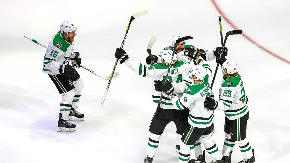 EDMONTON, ALBERTA - SEPTEMBER 14:  Denis Gurianov #34 of the Dallas Stars is congratulated by his teammates after scoring the game-winning goal against the Vegas Golden Knights during the first overtime period to win Game Five of the Western Conference Final during the 2020 NHL Stanley Cup Playoffs at Rogers Place on September 14, 2020 in Edmonton, Alberta, Canada. (Photo by Bruce Bennett/Getty Images)