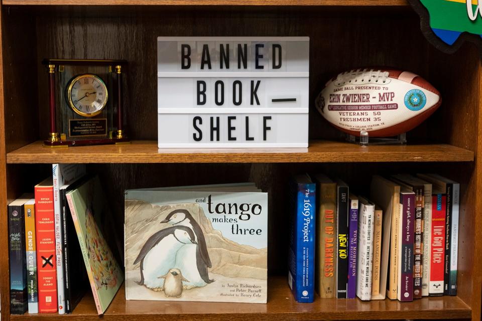 Rep. Erin Zwiener’s Banned Book Shelf by the door to her Capitol office currently has two dozen titles and is growing.