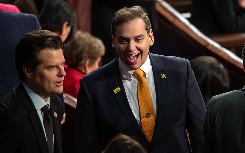 Rep. George Santos (R-N.Y.) arrives for President Biden’s State of the Union address to a joint session of Congress on Feb. 7. <em>Annabelle Gordon</em>