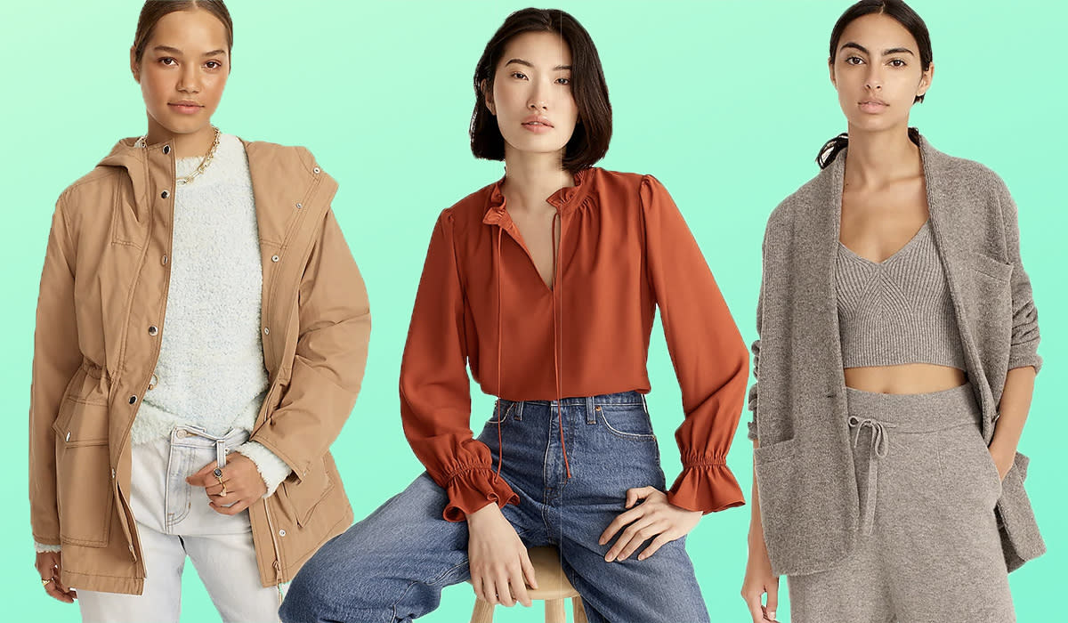 Woman in a brown jacket, woman in a rust-colored blouse and a woman in a cardigan. Photo: J.Crew)