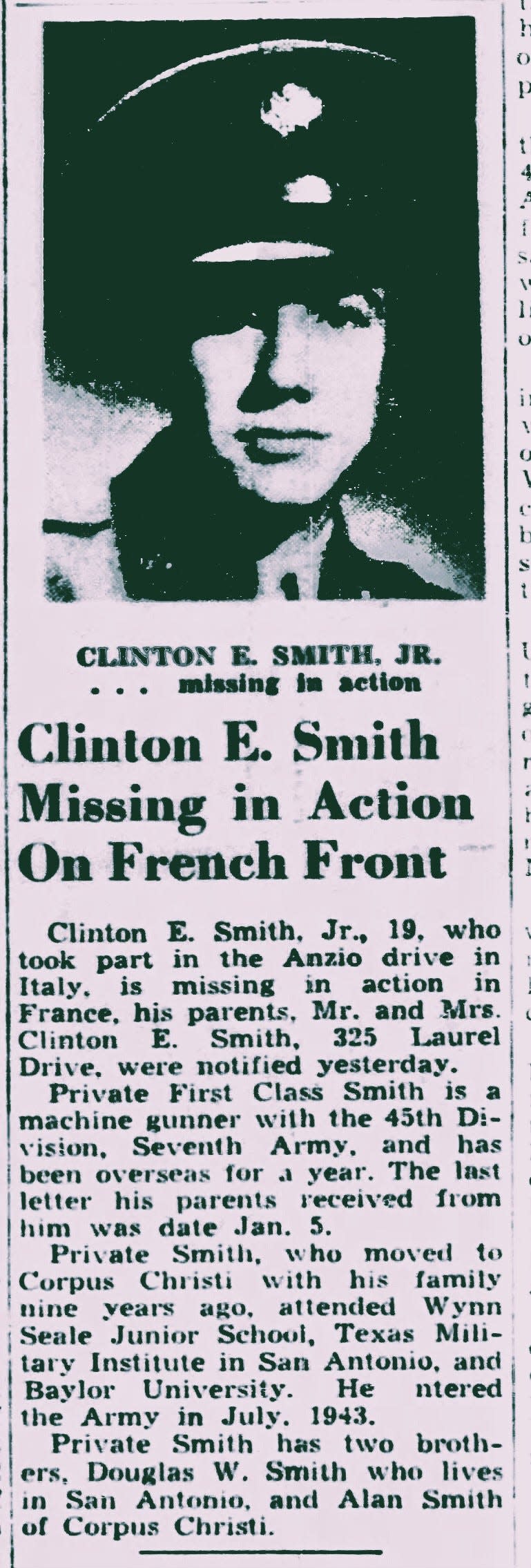 This newspaper clipping is about the parents of Pfc. Clinton E. Smith Jr. finding out that he was MIA. Smith was originally from Wichita Falls and joined the military in Corpus Christi, according to defense officials.