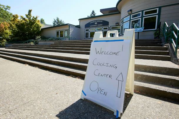 PHOTO: A sign welcomes people to a cooling center at the Charles Jordan Community Center in Portland, Ore., July 26, 2022. (Craig Mitchelldyer/AP)