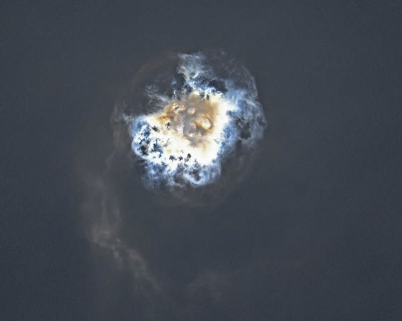 The SpaceX Super Heavy booster stage explodes after separating. Photo by Joe Marino/UPI