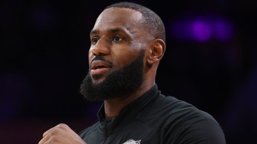 Los Angeles Lakers star and children's book author LeBron James warms up before Game 4 of the Western Conference Finals against the Denver Nuggets at Crypto.com Arena in Los Angeles in May.  (Photo by Harry Howe/Getty Images)