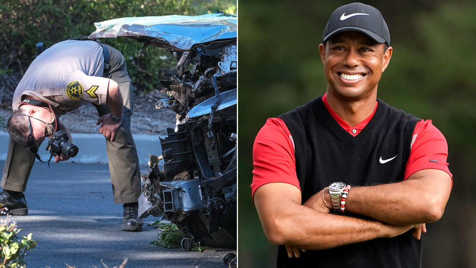 A man is seen here investigating the site of the Tiger Woods car crash. 