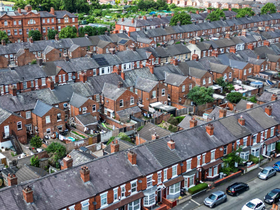 CREWE, ENGLAND – JUNE 22: An aerial view of terraced houses on June 22, 2023 in Crewe, England. The Bank of England today raised the base interest rate to 5%, the highest rate since 2008. (Photo by Christopher Furlong/Getty Images)