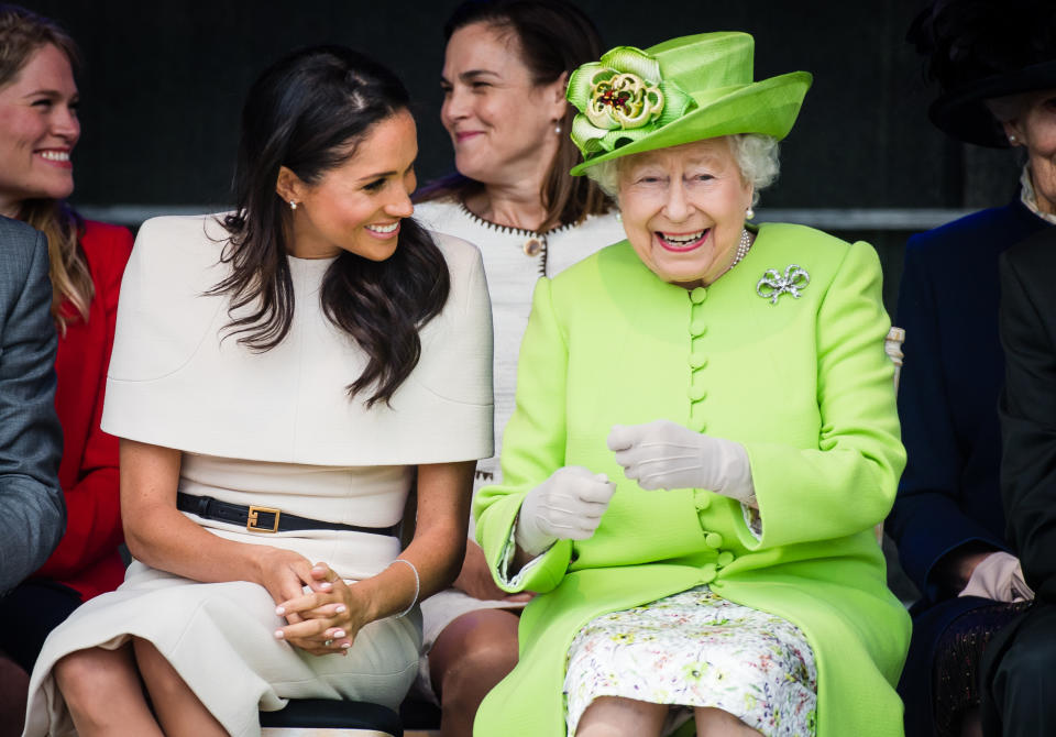 <p>The Duchess of Sussex accompanied the Queen on their first joint engagement together in Chester in June, and the pair couldn’t contain their giggles (Getty) </p>