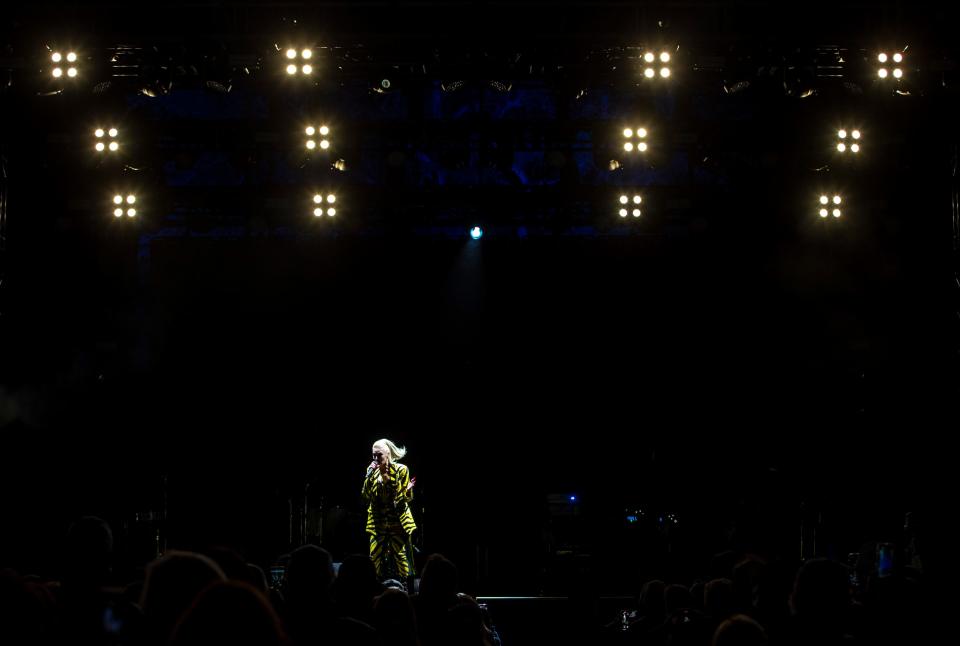 Gwen Stefani talks to her fans between songs at The American Express at PGA West in La Quinta, Calif., Friday, Jan. 20, 2023. 