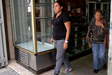 People walk past empty shelves at a bakery in Caracas, Venezuela August 17, 2018. REUTERS/Marco Bello