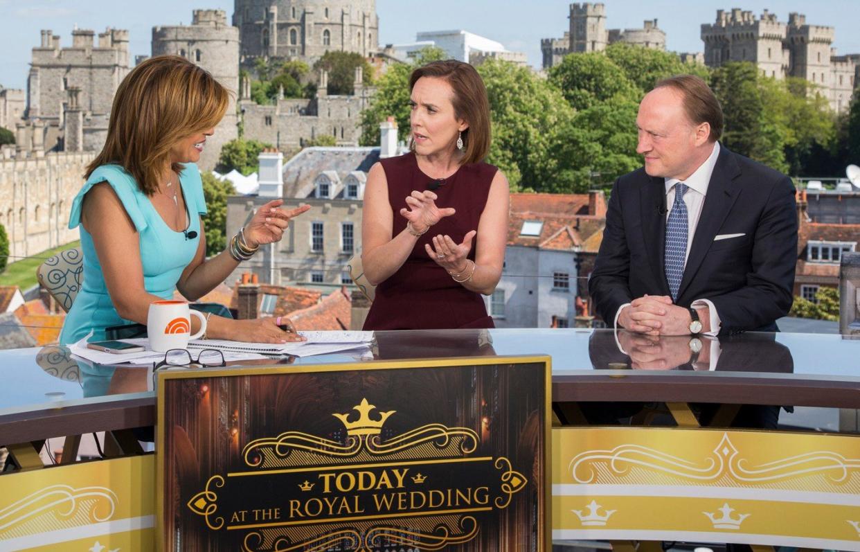 Camilla Tominey, centre, presents coverage of the wedding of Prince Harry and Meghan Markle on NBC Universal