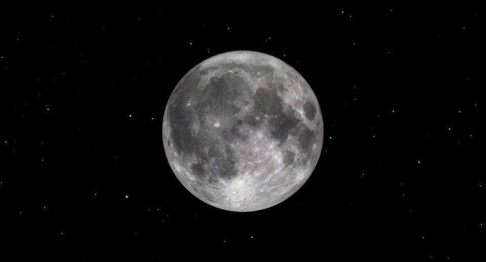 The moon's large face shines brightly in the dark starry sky.