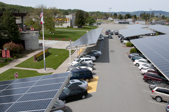 Solar carport with solar panels on it.