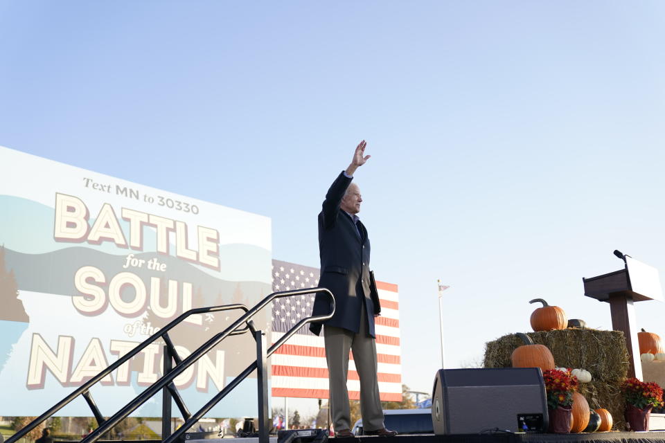 Democratic presidential candidate former Vice President Joe Biden waves after a rally at the Minnesota State Fairgrounds in St. Paul, Minn., Friday, Oct. 30, 2020. (AP Photo/Andrew Harnik)