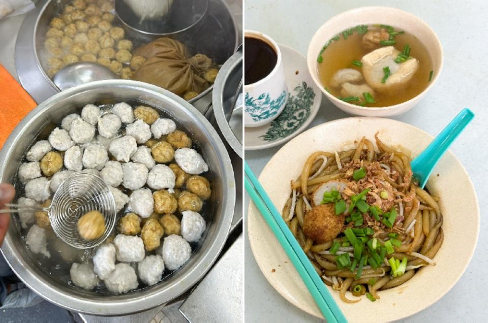 Here the fish paste is slightly grey in colour and rough hewn, signifying it's hand made from fish paste (left). Opt for the dry noodles if you prefer more flavour with your fish balls (right)