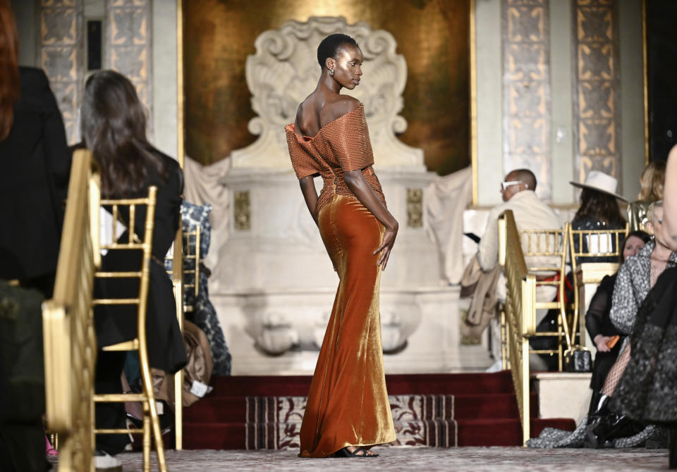 A model walks the runway during the Christian Siriano Fall/Winter 2024 fashion show at The Plaza Hotel during New York Fashion Week on Thursday, Feb. 8, 2024, in New York. (Photo by Evan Agostini/Invision/AP)