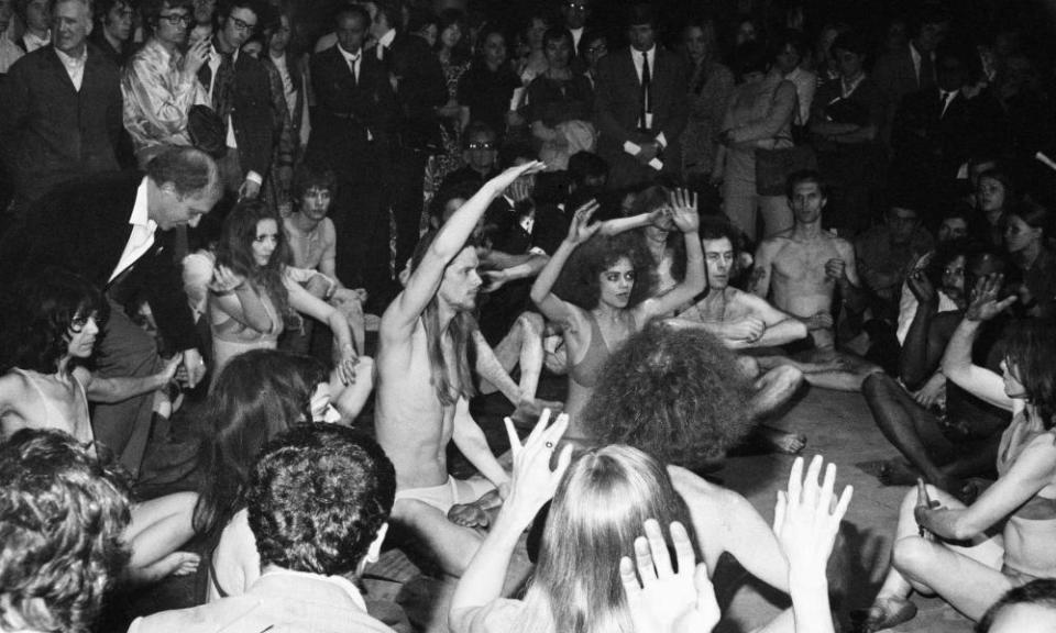 Members of the Living Theatre group mingling with the audience at the Roundhouse in 1969