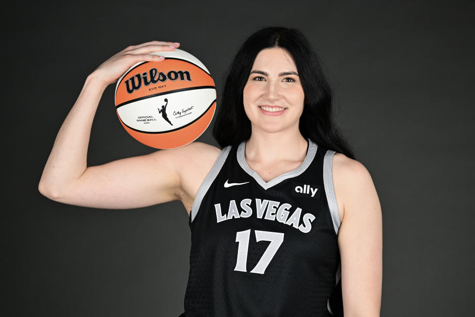 LAS VEGAS, NEVADA - MAY 03: Megan Gustafson #17 of the Las Vegas Aces poses for a portrait during the team's media day at Vu Studios on May 03, 2024 in Las Vegas, Nevada. NOTE TO USER: User expressly acknowledges and agrees that, by downloading and or using this photograph, User is consenting to the terms and conditions of the Getty Images License Agreement. (Photo by Candice Ward/Getty Images)