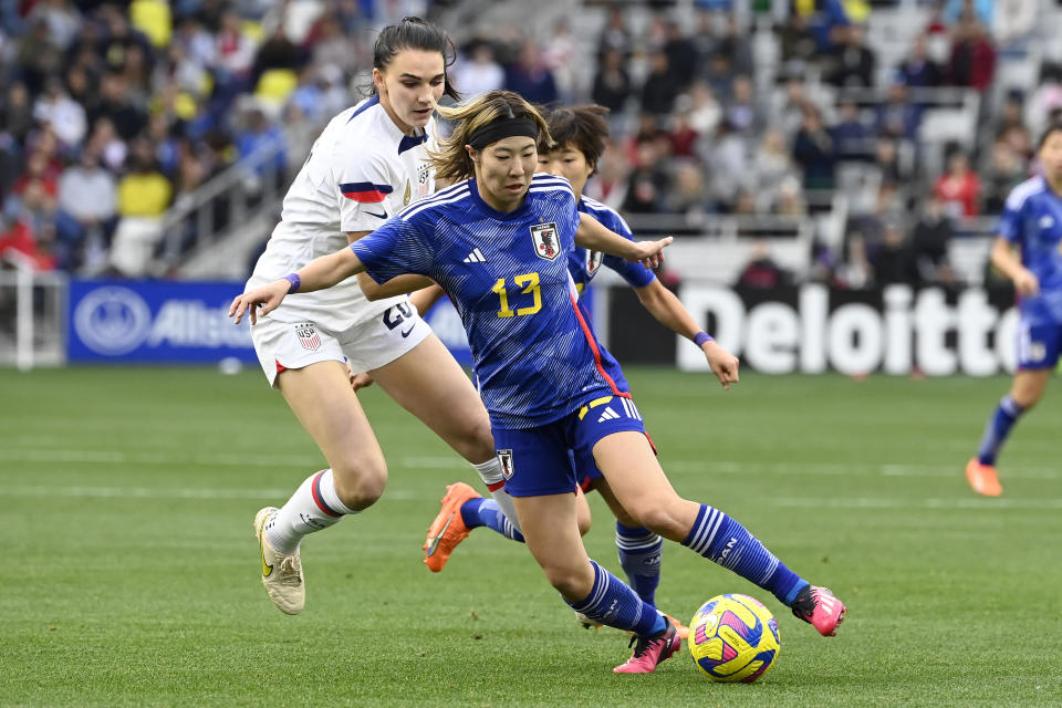 Japan midfielder Jun Endo (13) plays against the United States during the second half of a SheBelieves Cup women's soccer match Sunday, Feb. 19, 2023, in Nashville, Tenn. (AP Photo/Mark Zaleski)