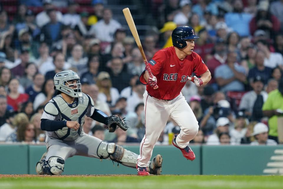 Boston Red Sox's Masataka Yoshida runs on his groundout against the New York Yankees during the second inning of a baseball game Friday, June 14, 2024, in Boston. (AP Photo/Michael Dwyer)