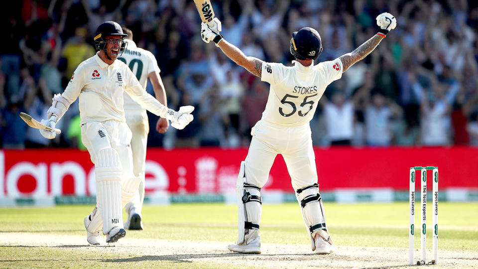 Ben Stokes, pictured here celebrating victory after hitting the winning runs.