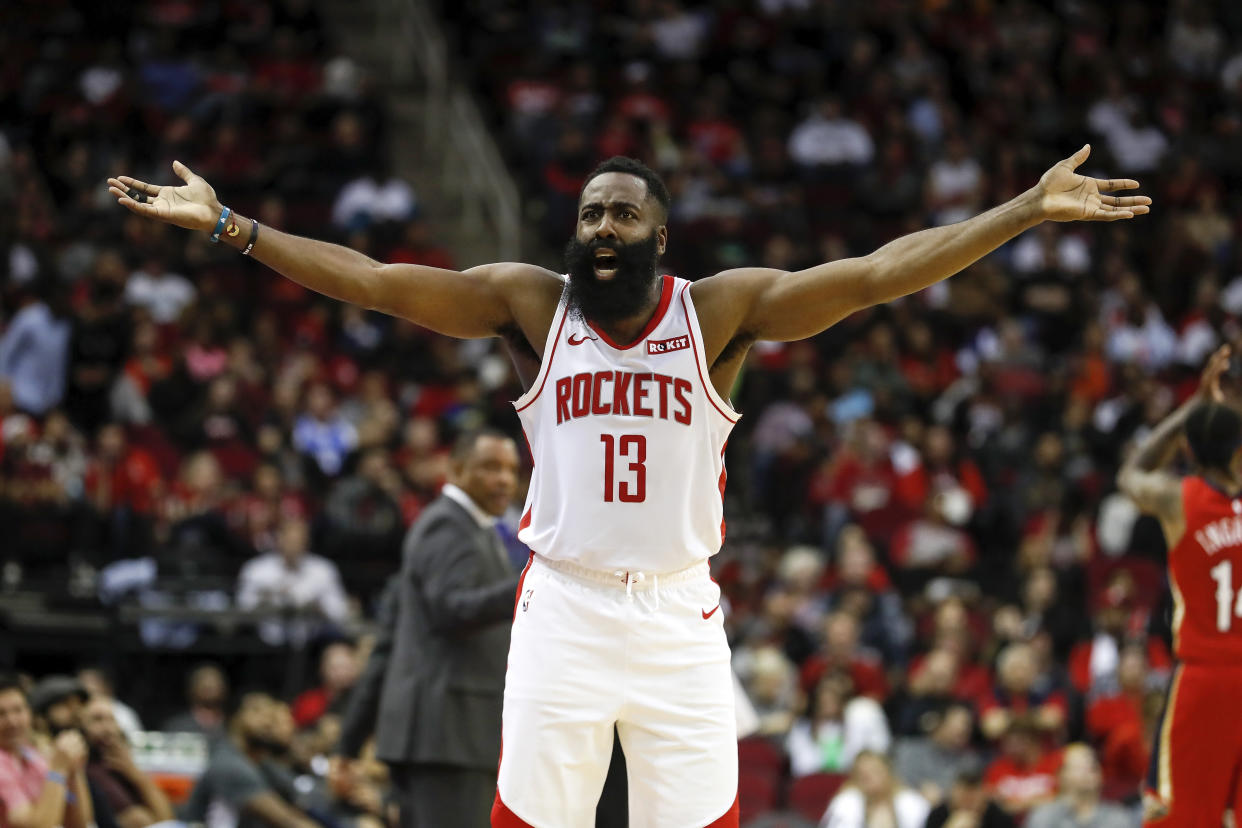 James Harden's beard protected him after he angrily slammed a basketball and it rebounded directly into his face. (Photo by Tim Warner/Getty Images)