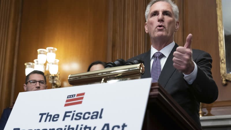 House Speaker Kevin McCarthy of California, along with other Republican members of the House, speaks at a news conference after the House passed the debt ceiling bill at the Capitol in Washington, Wednesday, May 31, 2023. The bill now goes to the Senate.